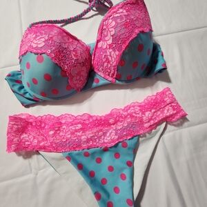 Vintage Beach Bunny Aqua & Pink Polka Dot & Lace Bikini - XL Top / LG Bottom